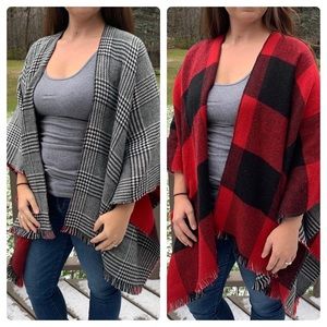 Reversible plaid blanket poncho cape wrap
